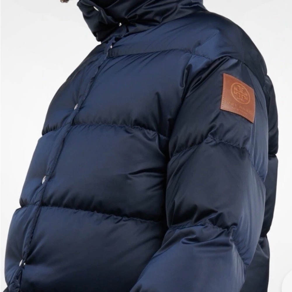 Tory Burch Woman’s Navy Blue Quilted Puffer Jacket with Brown Leather Logo Patch
